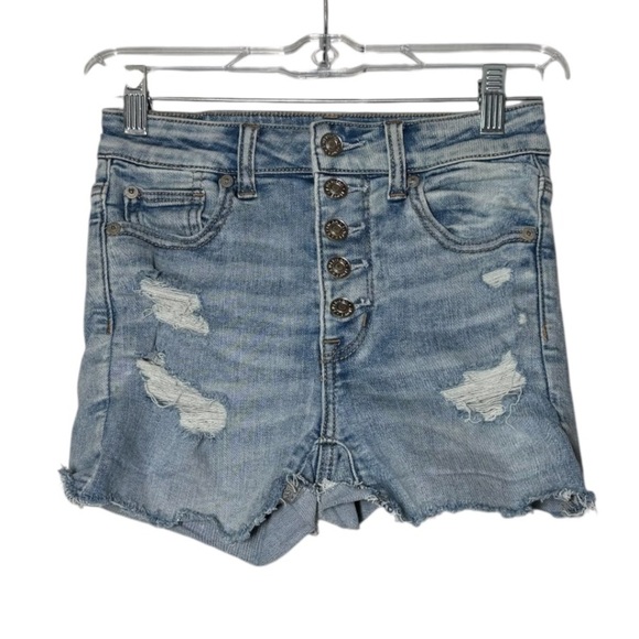 American Eagle Jean Shorts Blue Next Level Stretch Size 0 Rips Button Fly Denim - Picture 1 of 9